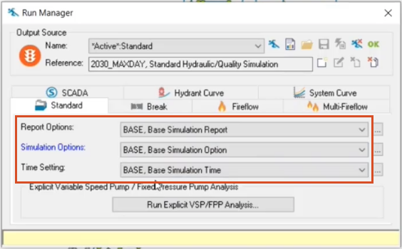 The Run Manager, with the BASE simulation selected for the report, simulation, and time options.