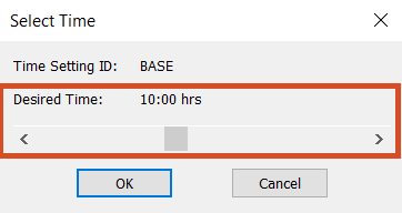 The Select Time popup with the slider at 10:00 hrs for the BASE scenario.