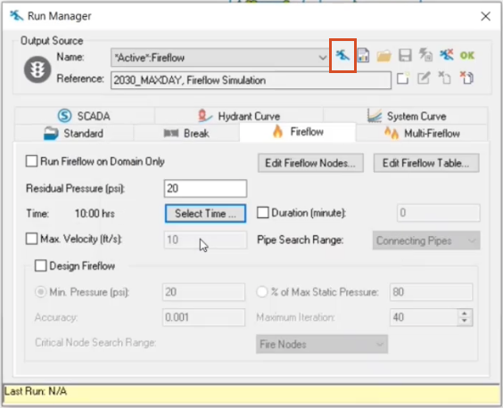 The Run Manager, Fireflow tab, with the Run icon highlighted.