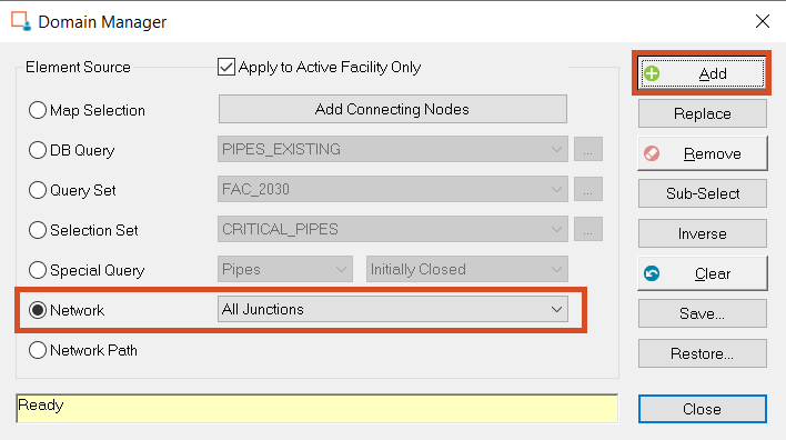 The Domain Manager with Network selected as the Elements Source and All Junctions selected as the element source type.