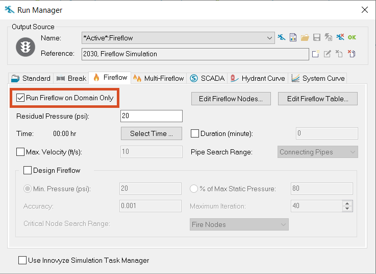 The Run Manager, Fireflow tab with Run Fireflow on Domain Only selected to restrict the extent of the analysis.