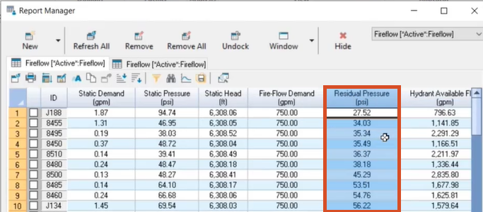 Report Manager for Fireflow analysis with Residual Pressure column highlighted