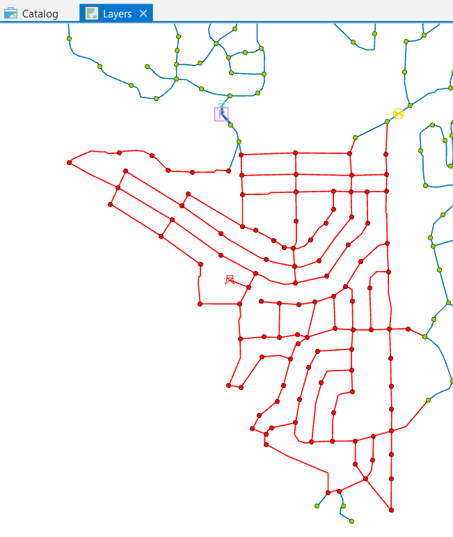 A partial view of the Network map with junctions selected to be included in the domain for fireflow analysis