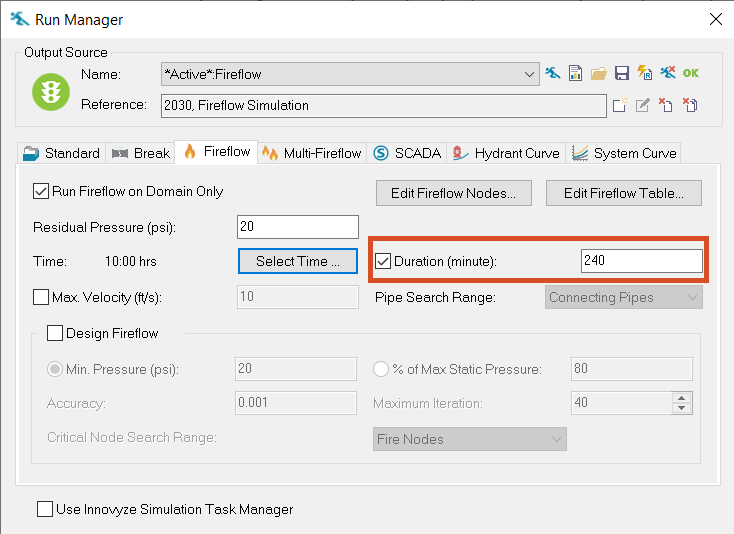 The Run Manager, Fireflow tab with Duration enabled and set to 240