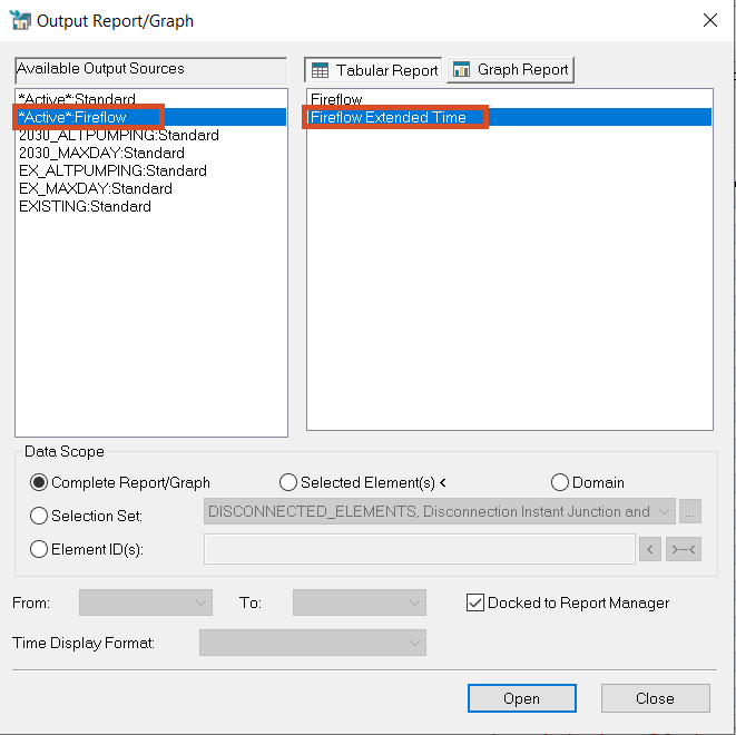 The Output/Report Graph dialog box, with selections made for the Available Output Sources and the Fireflow Extended Time EPS