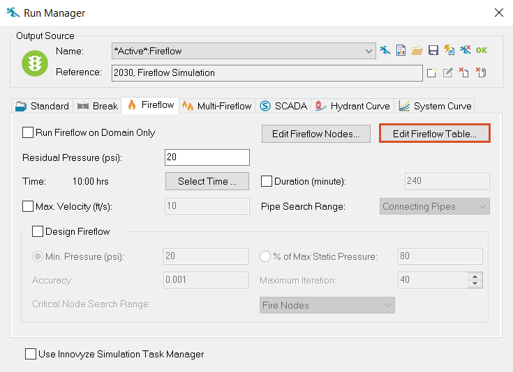 The Run Manager, Fireflow tab with Edit Fireflow Table highlighted for selection.