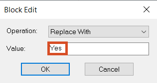 The Block Edit popup, with the Yes value entered and highlighted.