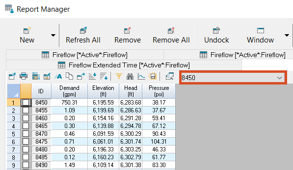 The Report Manager, displaying the fireflow Junction Report with the hydrant drop-down highlighted