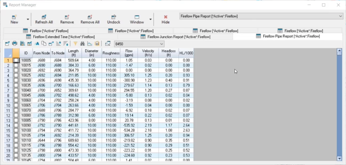 The Report Manager, showing the results of the fireflow pipe report