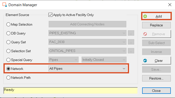 The Domain Manager, with Network and All Pipes selected to create the domain for the focus of the fireflow analysis.