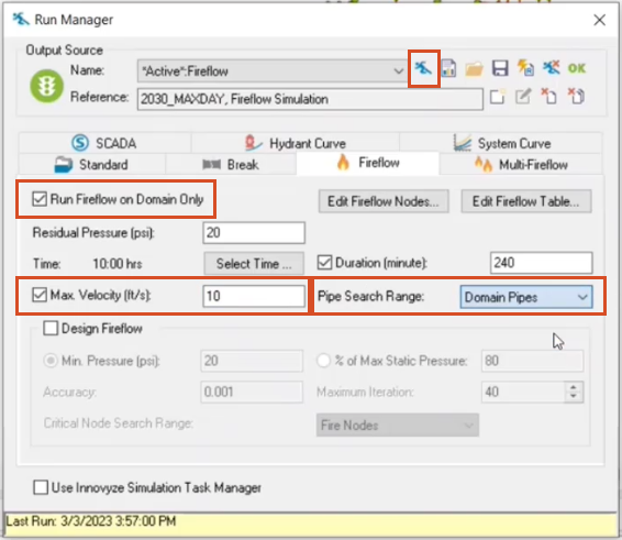 The Run Manager, Fireflow tab with the settings configured for running the analysis on only the pipes in the domain.