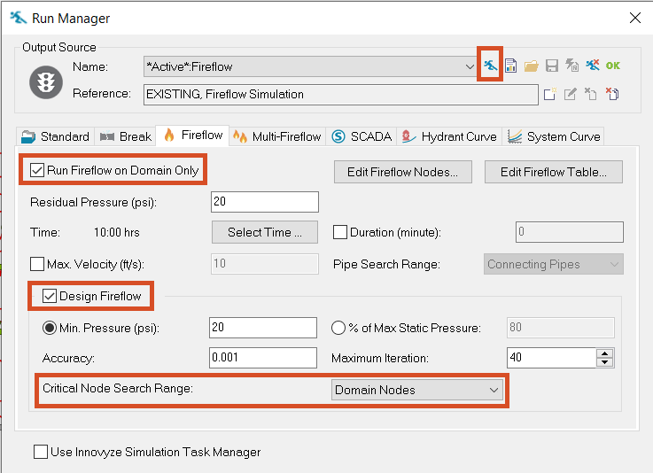 The Run Manager, Fireflow tab, with the settings configured for a Design Fireflow in a domain.