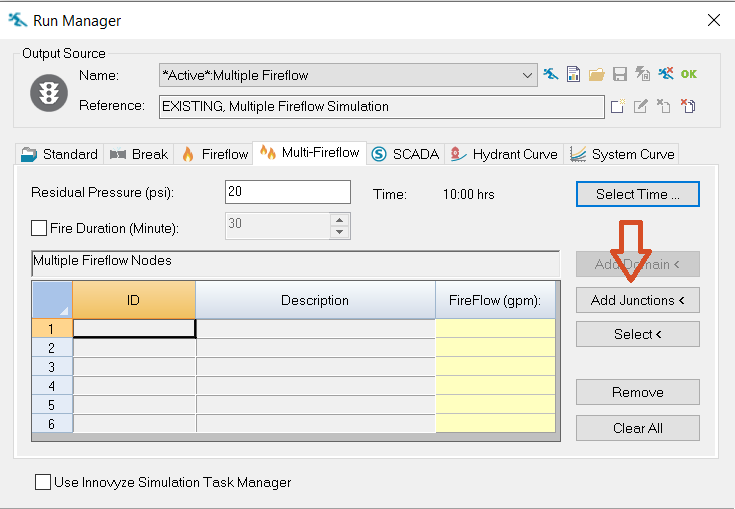 Run Manager Multi-fireflow tab with Add Junctions highlighted