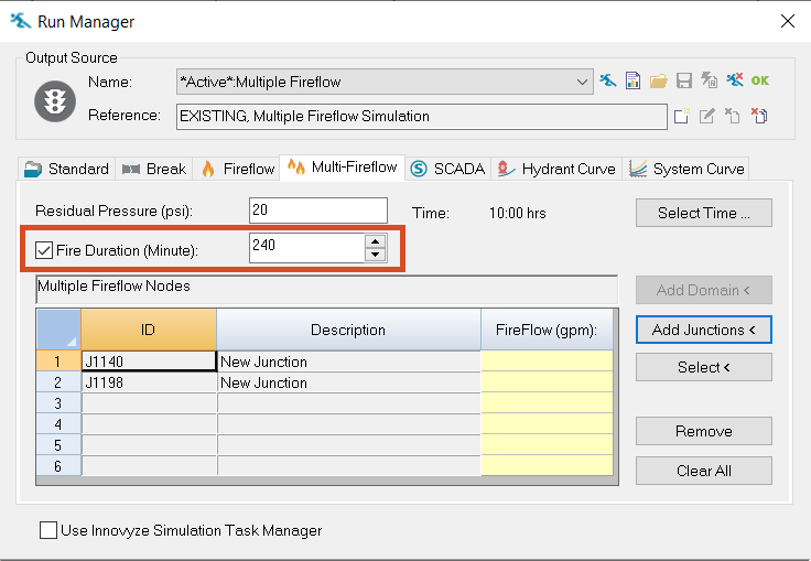 Run Manager Multi-fireflow tab with Fire Duration highlighted