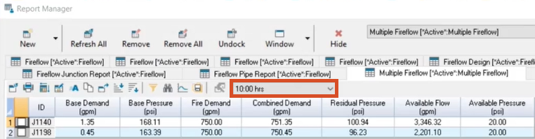 Report Manager report for the multi-fireflow run with time bar highlighted