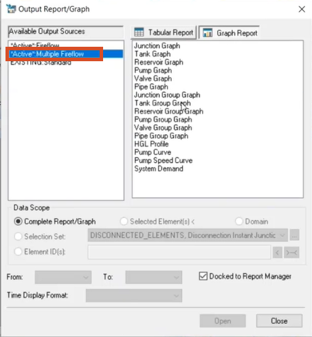 The Output Report/Graph dialog box with Multiple Fireflow highlighted.