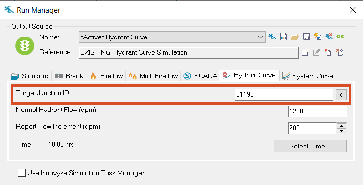 The Run Manager, Hydrant Curve tab with Target Junction ID highlighted