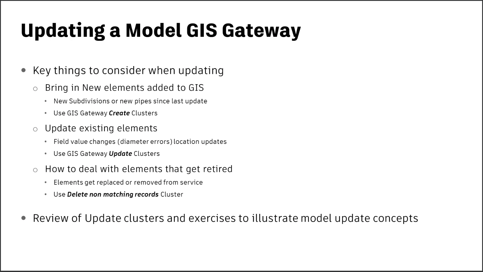 A presentation slide showing the key considerations when updating a Model GIS Gateway.