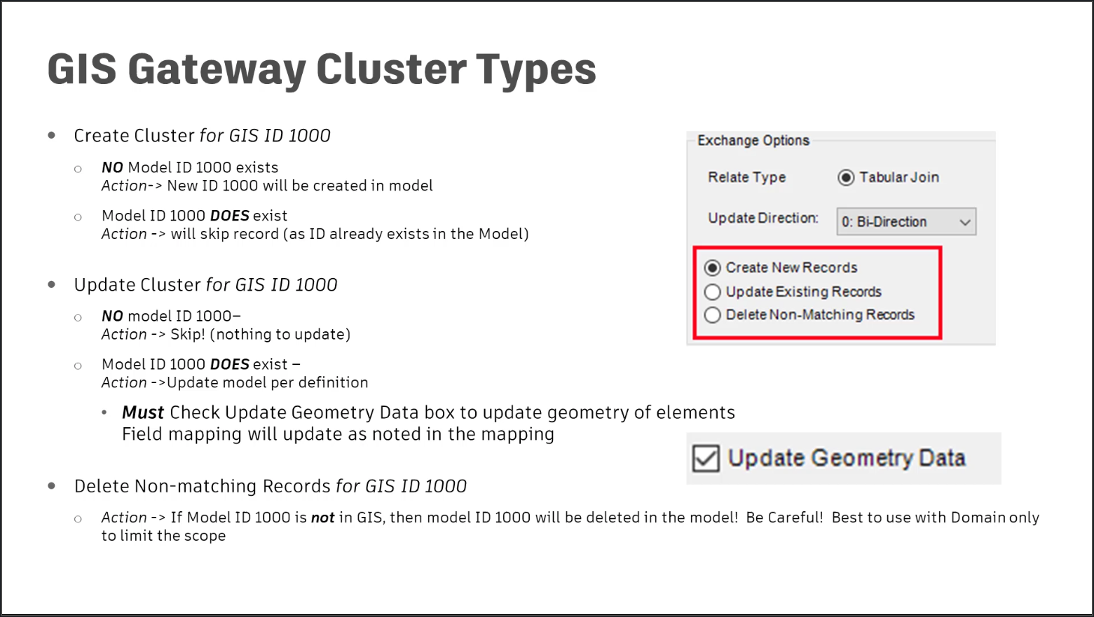 A presentation slide showing the GIS Gateway cluster types, with definitions and a partial image of the dialog box where the options can be found.