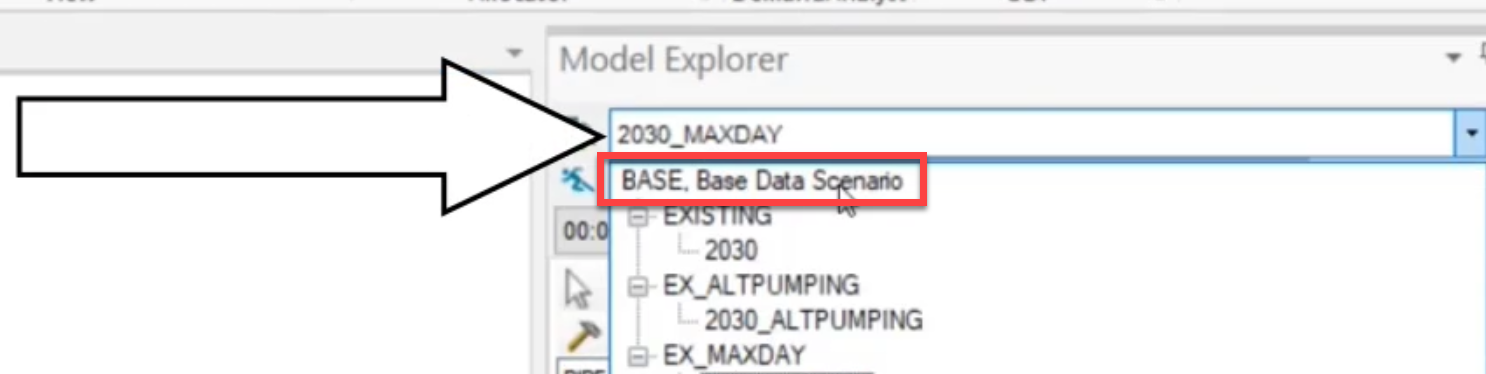 The Model Explorer Scenario menu with BASE< Base Data Scenario highlighted.