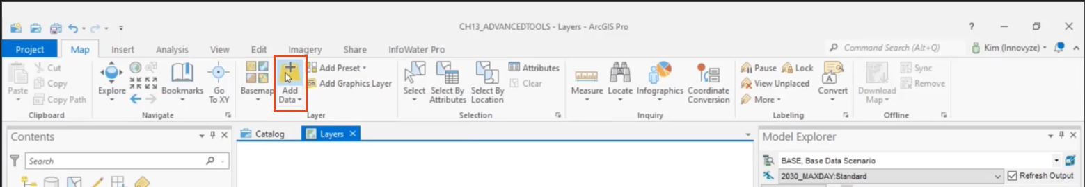 The ArcGIS ribbon, Map tab, Layer panel, with Add Data called out for selection.