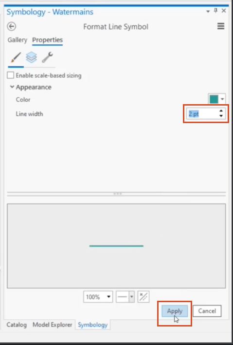 The Symbology panel with the Line width value highlighted.