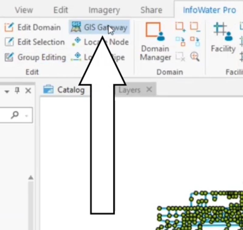 The InfoWater Pro ribbon, Edit panel, with the GIS Gateway command called out.