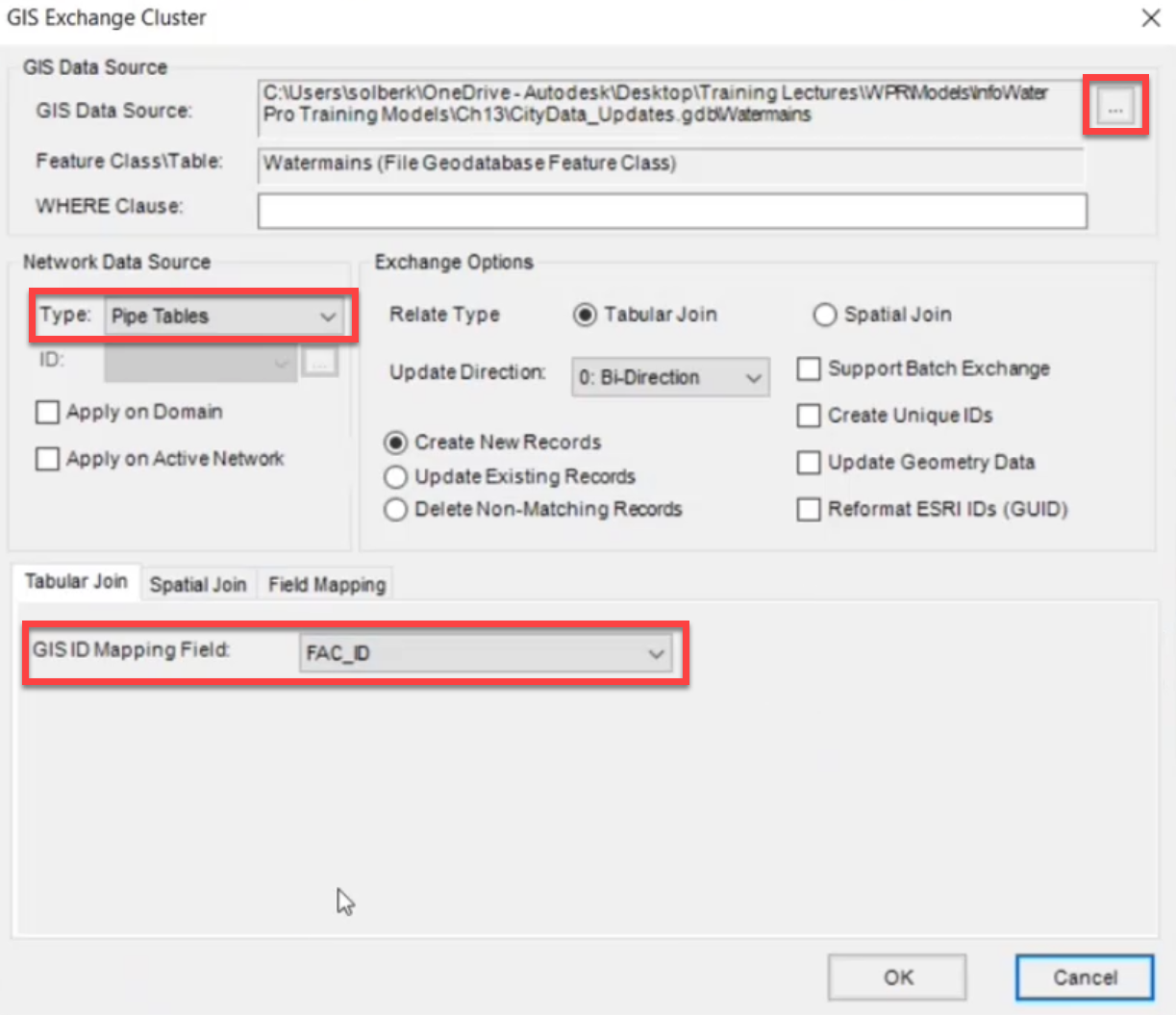 The GIS Exchange Cluster dialog with the GIS Data Source selected and settings highlighted and configured.