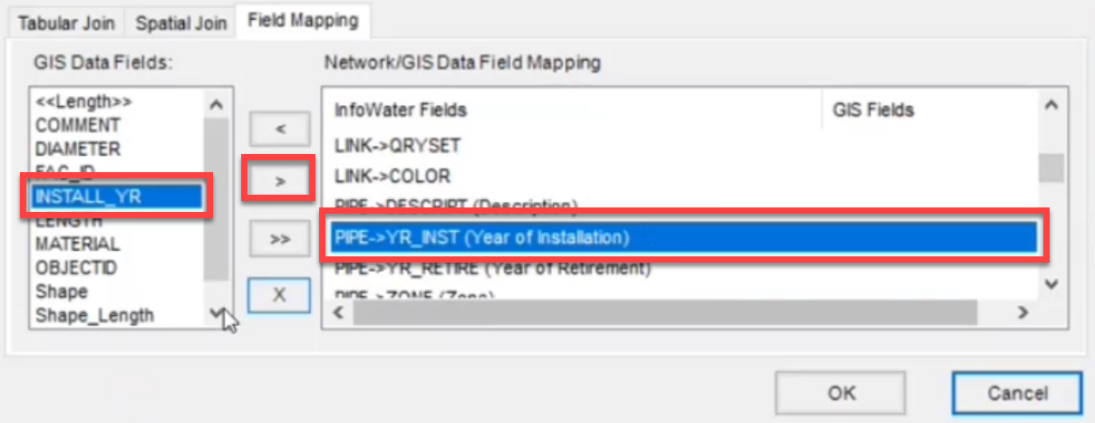 The GIS Exchange Cluster dialog, Field Mapping tab with the fields selected and highlighted and the Map button highlighted.