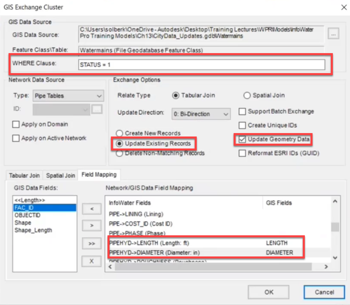 The GIS Exchange Cluster with the automatically mapped fields highlighted and other settings highlighted and configured.