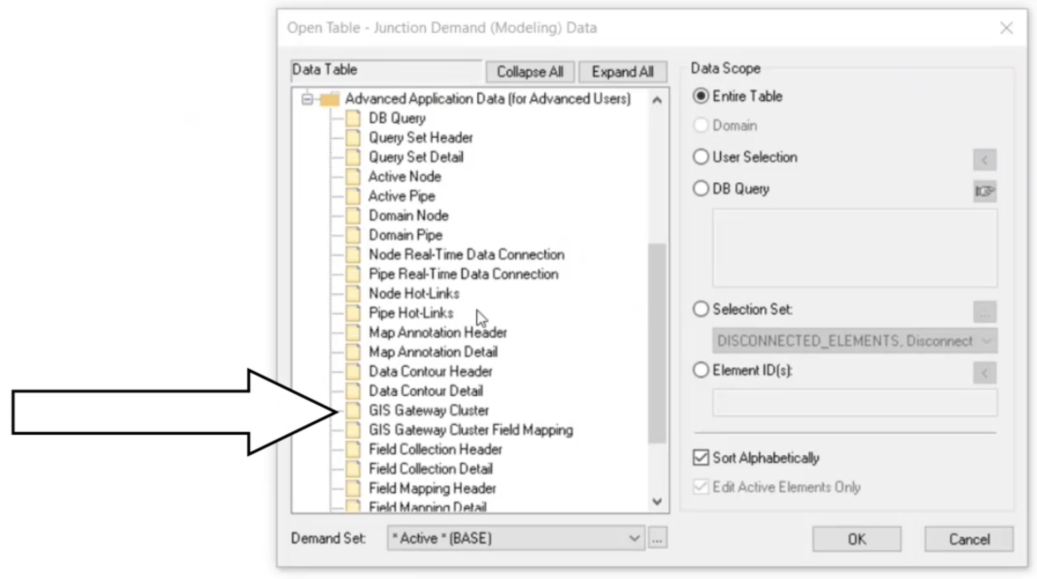 The DB Editor, Data Table, with the Advanced Application Data folder expanded and GIS Gateway Cluster called out.