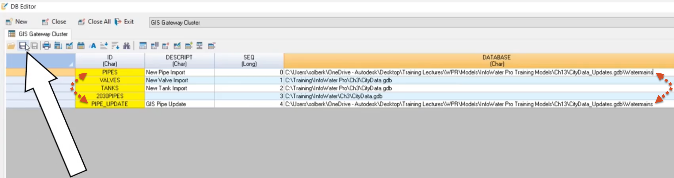 The DB Editor with the PIPE_UPDATE file path copied and pasted to the PIPES file path and the Save command called out.