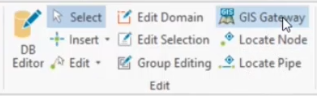 The Edit panel of the InfoWater Pro ribbon, with the GIS Gateway command selected and called out.