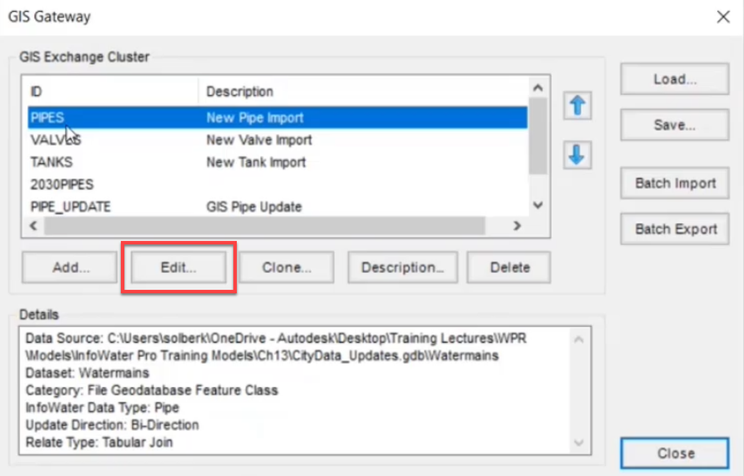 The GIS Gateway with PIPES selected and Edit highlighted.
