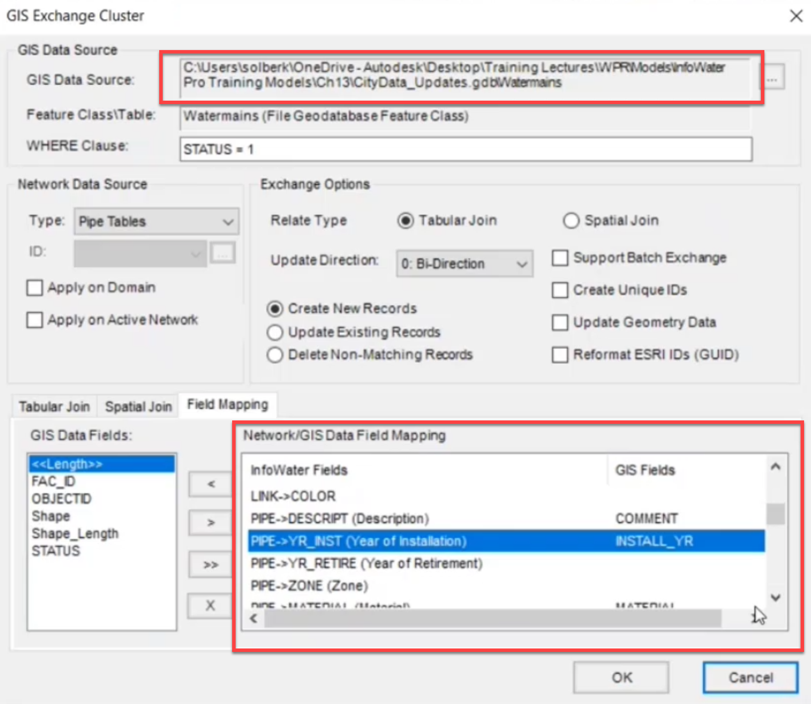 The GIS Exchange Cluster with the correct GIS Data Source and verified Field Mapping.