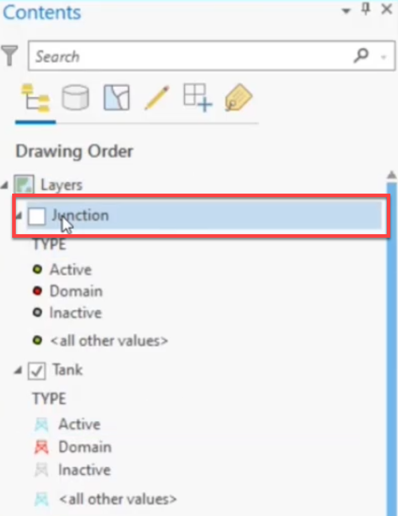 The Contents panel with the Junctions layer deselected and highlighted.