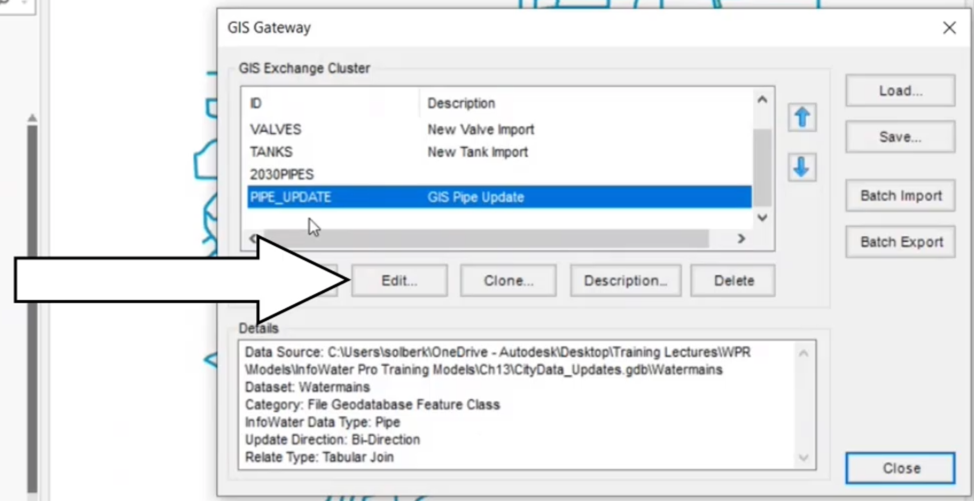 The GIS Gateway dialog box with PIPE_UPDATE selected and Edit called out.