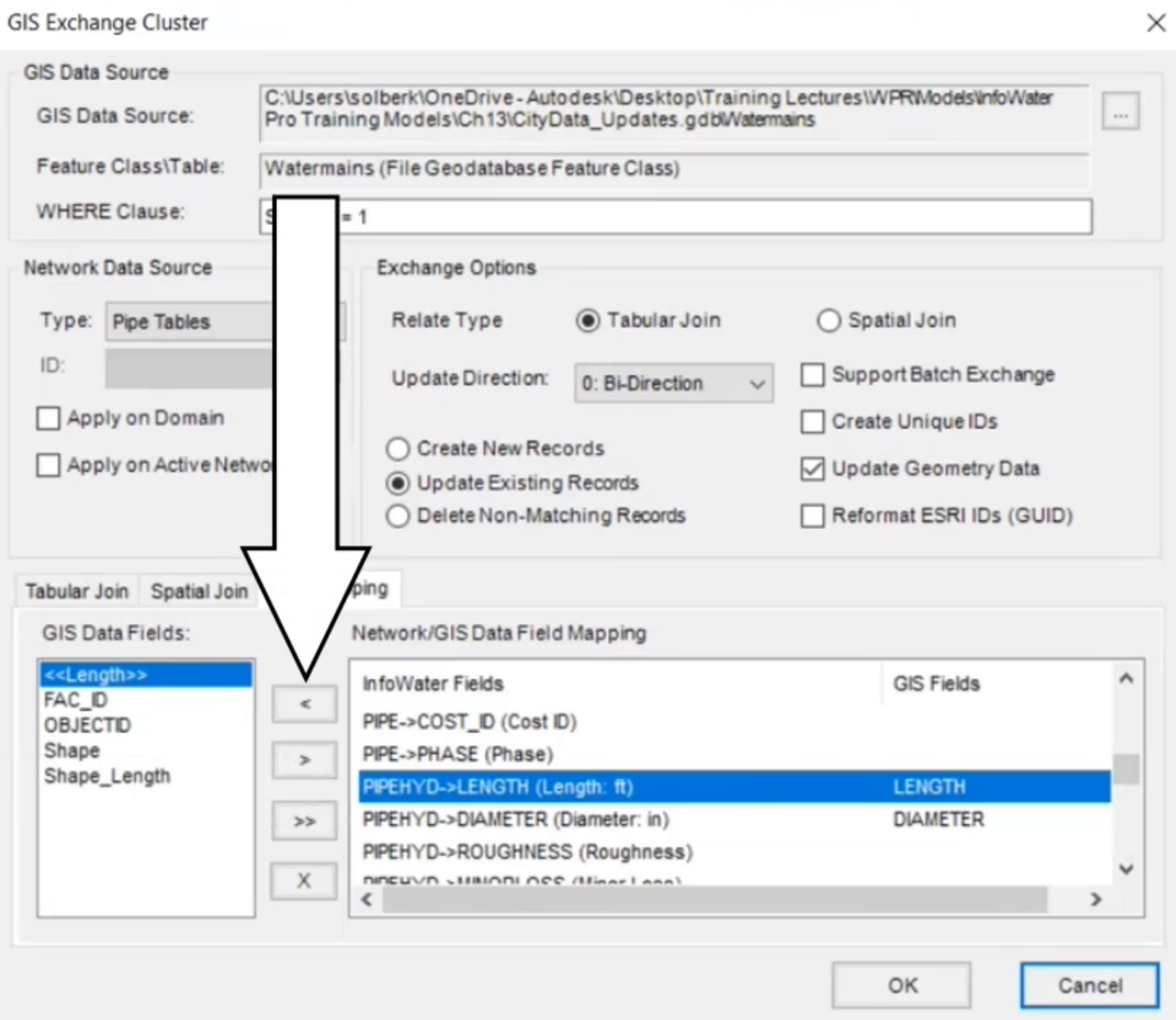 The GIS Exchange Cluster dialog box, Field Mapping tab with PIPEHYD->LENGTH selected and the Remove button called out.