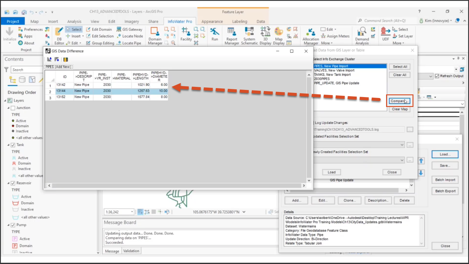 The Load Data from GIS Layer or Table dialog box with PIPES, New Pipe Import selected, and the Compare button called out.