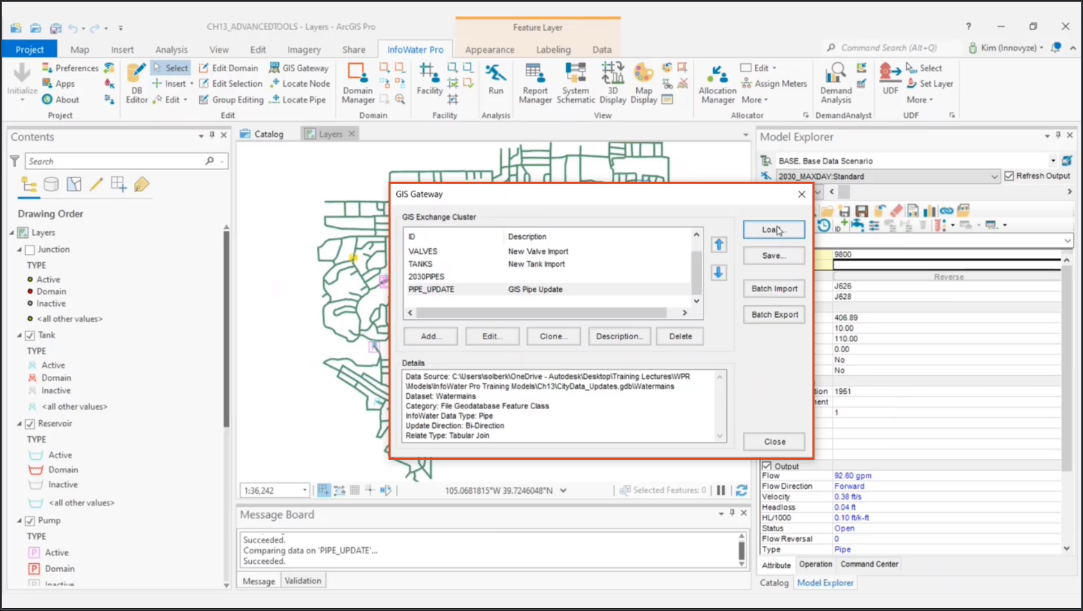 The entire InfoWater Pro interface, showing the GIS Gateway dialog box open in front of the map view, with Load called out.