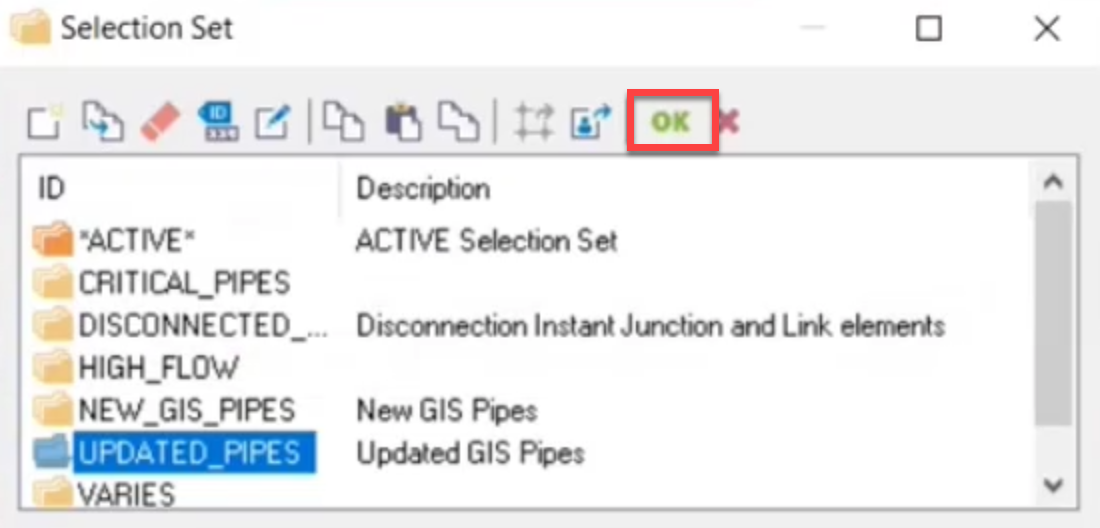 The Selection Set dialog box with UPDATED_PIPES selected, and the OK command highlighted.
