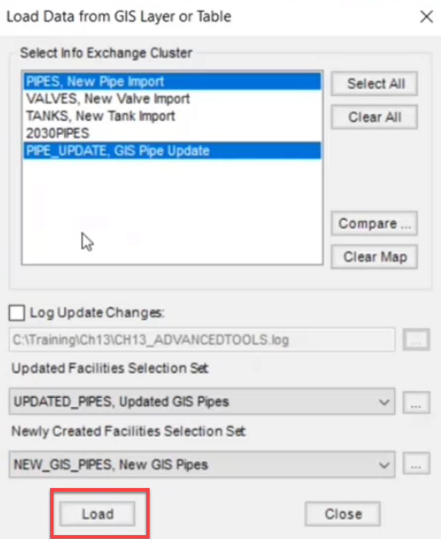 The Load Data from GIS Layer or Table dialog box with both clusters multi-selected and Load highlighted.