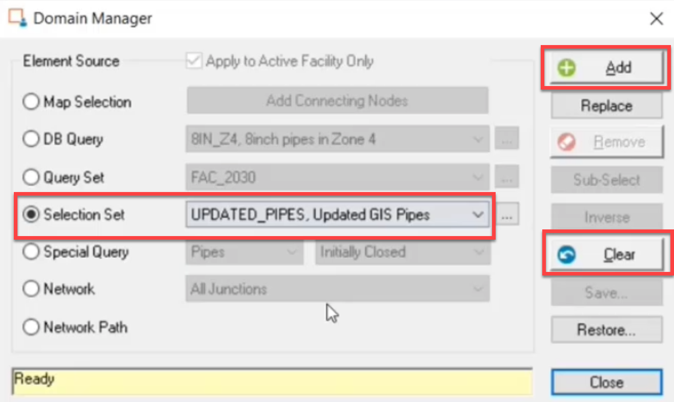 The Domain Manager dialog box with the settings configured and the Clear and Add buttons highlighted.