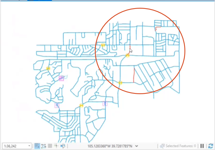 The map view, with the new pipes showing within the circled area and one highlighted pipe about to be selected.