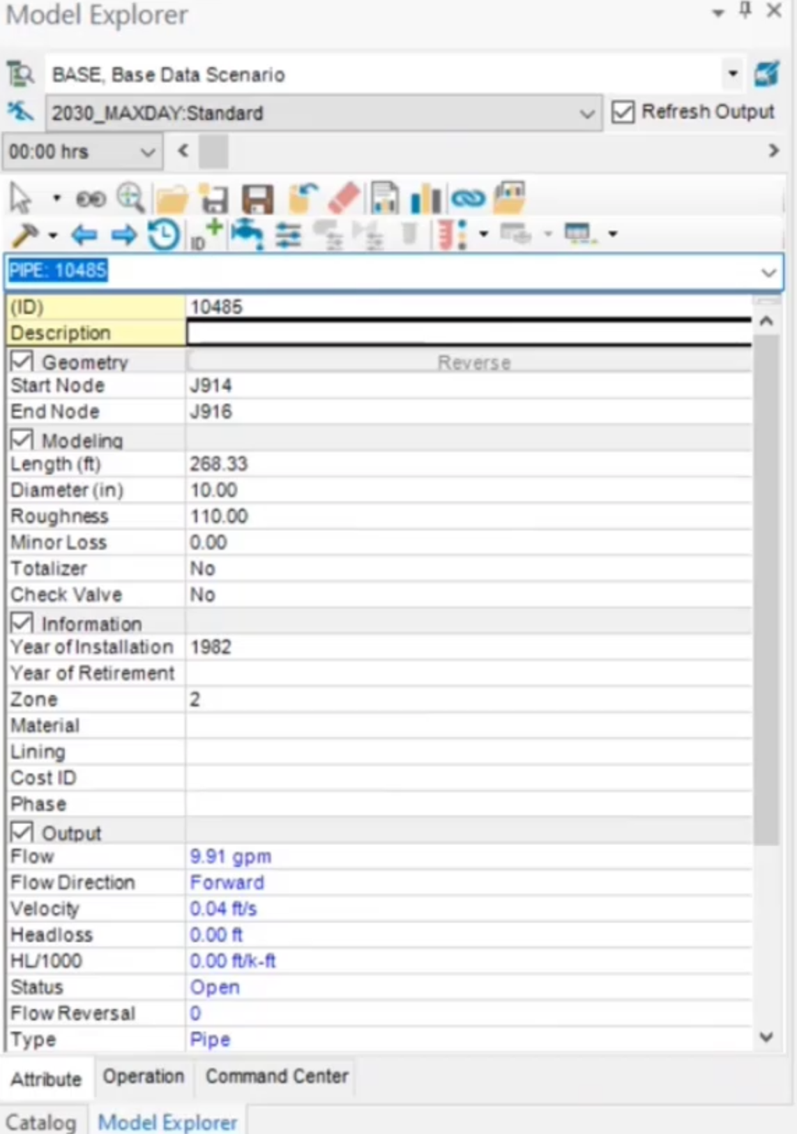 The Model Explorer, Attribute tab with updated information displayed regarding a selected pipe.