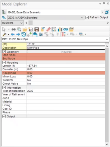 The Model Explorer, showing the selected pipe data and highlighting the Start Node, End Node, and Roughness values to show they are missing.