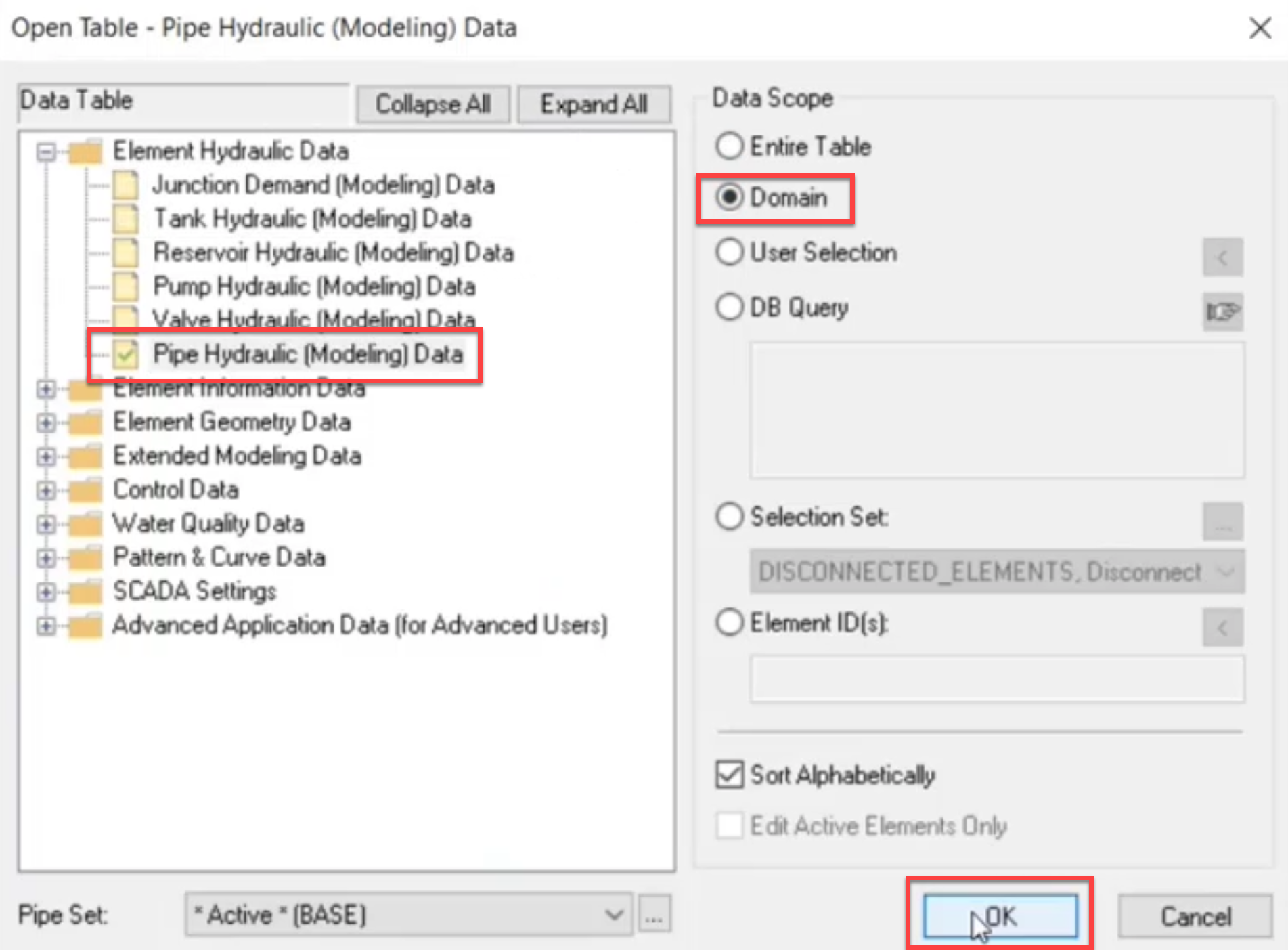 The Open Table dialog box with the Pipe Hydraulic (Modeling) Data selected, Domain selected as the Data Scope, and the OK command highlighted.