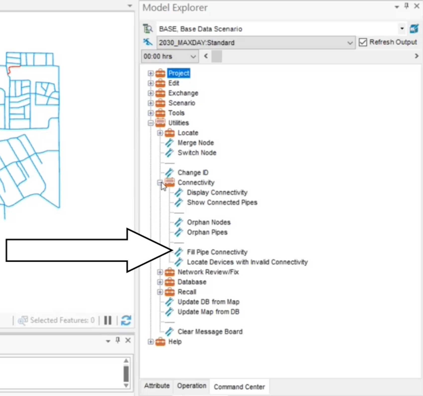 The Model Explorer, Command Center with Utilities and Connectivity expanded, and Fill Pipe Connectivity called out.