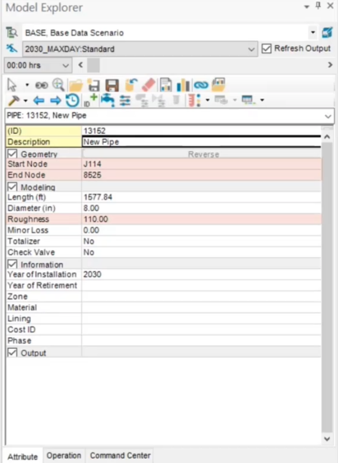 The Model Explorer, Attribute tab with the Start Node, End Node, and Roughness values highlighted, as now they are all filled in.