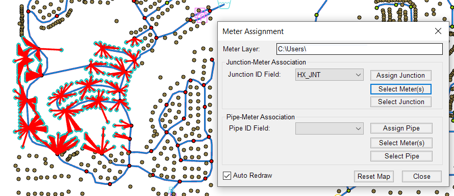 The Network map displaying meter assignments in red with Meter Assignment window.